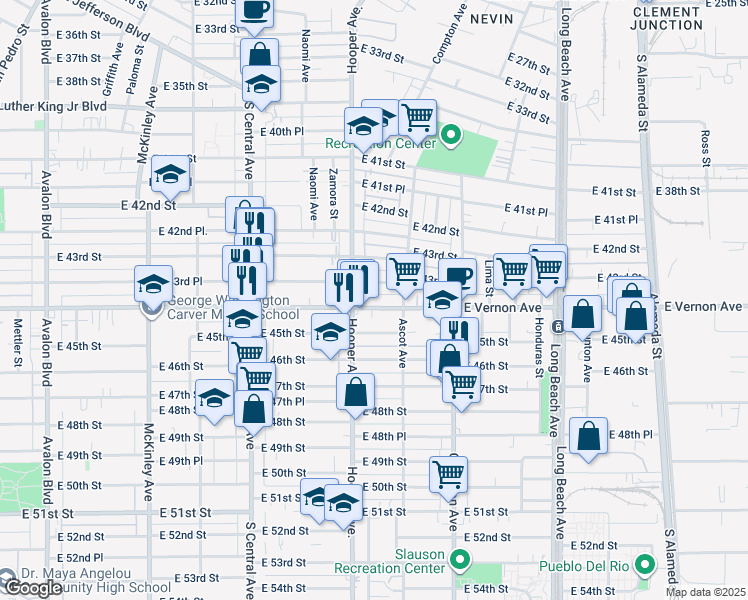 map of restaurants, bars, coffee shops, grocery stores, and more near 1340 East Vernon Avenue in Los Angeles