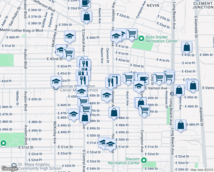 map of restaurants, bars, coffee shops, grocery stores, and more near 1247 East Vernon Avenue in Los Angeles