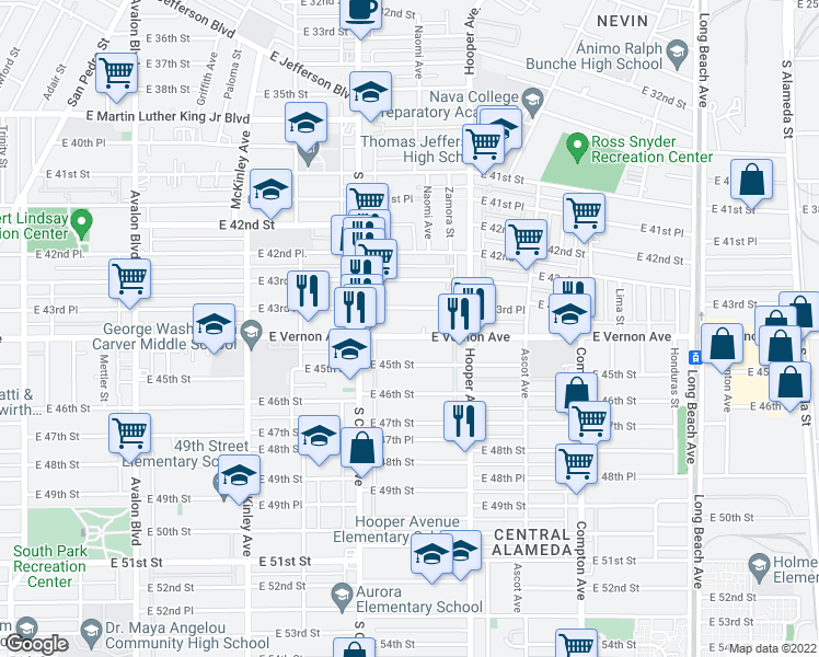 map of restaurants, bars, coffee shops, grocery stores, and more near 1208 East Vernon Avenue in Los Angeles