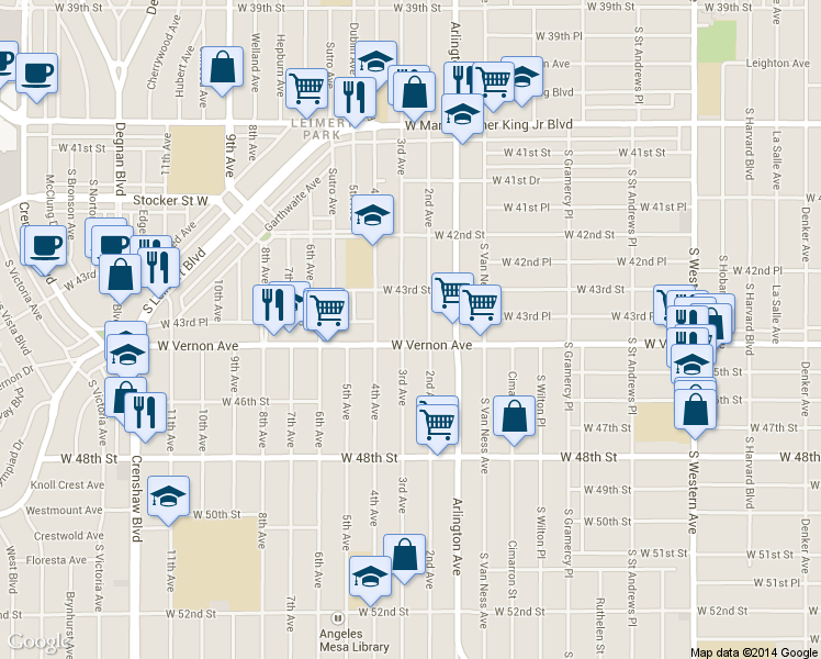 map of restaurants, bars, coffee shops, grocery stores, and more near 2427 West Vernon Avenue in Los Angeles