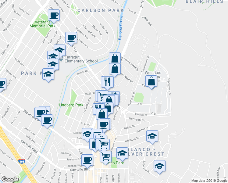 map of restaurants, bars, coffee shops, grocery stores, and more near 5400 Maytime Lane in Culver City