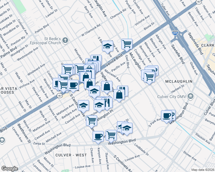 map of restaurants, bars, coffee shops, grocery stores, and more near 3905 Inglewood Boulevard in Los Angeles