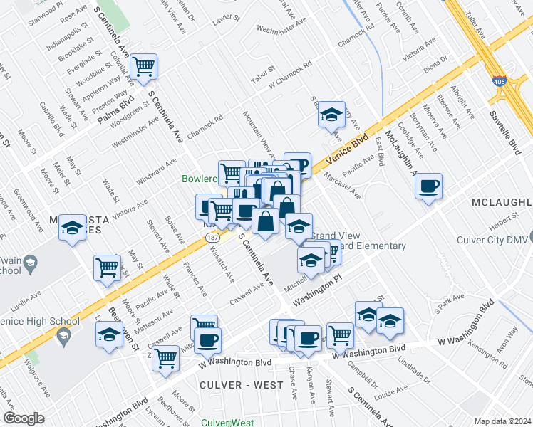 map of restaurants, bars, coffee shops, grocery stores, and more near 12218 Pacific Avenue in Los Angeles