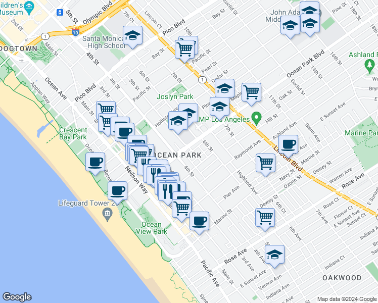 map of restaurants, bars, coffee shops, grocery stores, and more near 2635 4th Street in Santa Monica