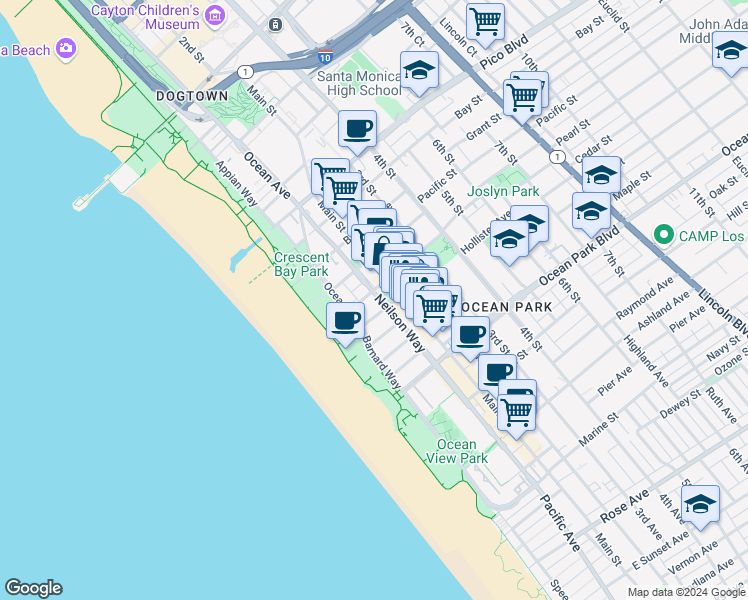 map of restaurants, bars, coffee shops, grocery stores, and more near 153 Wadsworth Avenue in Santa Monica