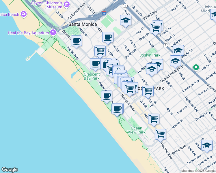 map of restaurants, bars, coffee shops, grocery stores, and more near 2306 Ocean Avenue in Santa Monica