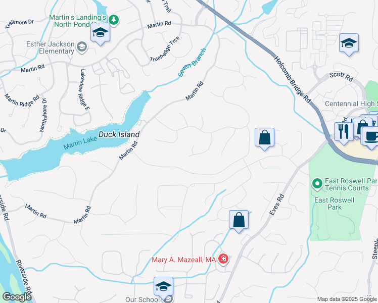 map of restaurants, bars, coffee shops, grocery stores, and more near 95 Lake Top Court in Roswell