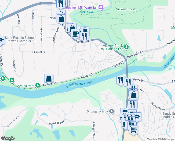 map of restaurants, bars, coffee shops, grocery stores, and more near 118 River Ridge Lane in Roswell
