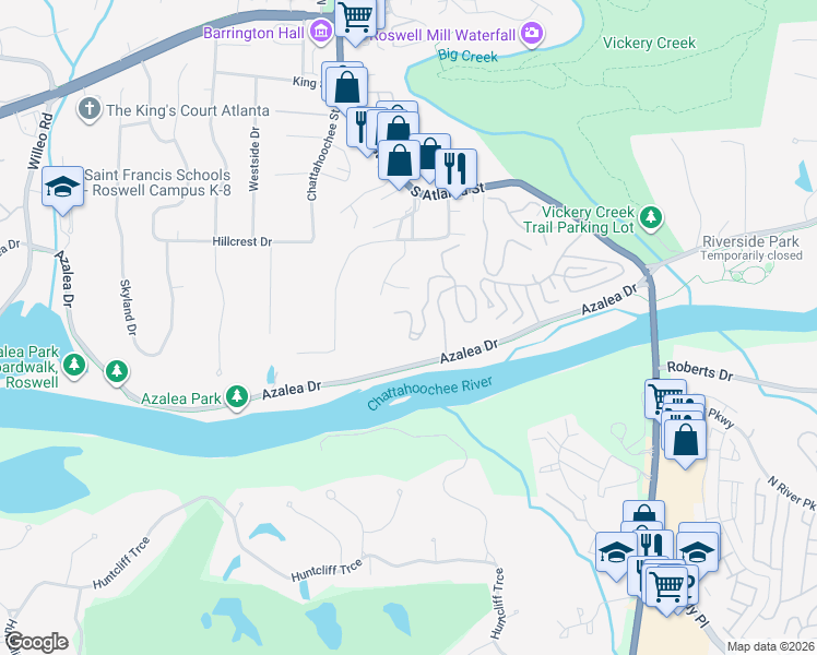 map of restaurants, bars, coffee shops, grocery stores, and more near 169 Riverview Trail in Roswell