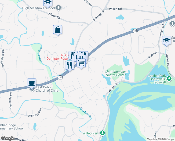 map of restaurants, bars, coffee shops, grocery stores, and more near 2054 Merrimont Way in Roswell