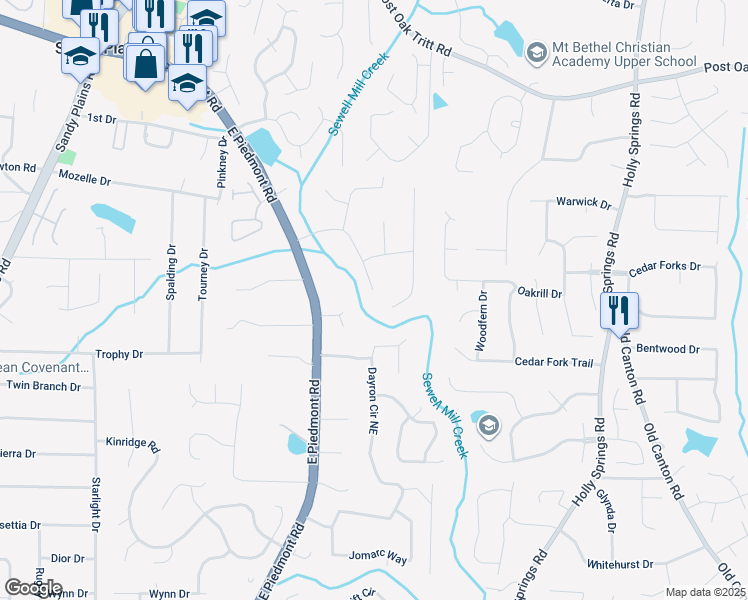 map of restaurants, bars, coffee shops, grocery stores, and more near 2305 Piedmont Glen Court in Marietta