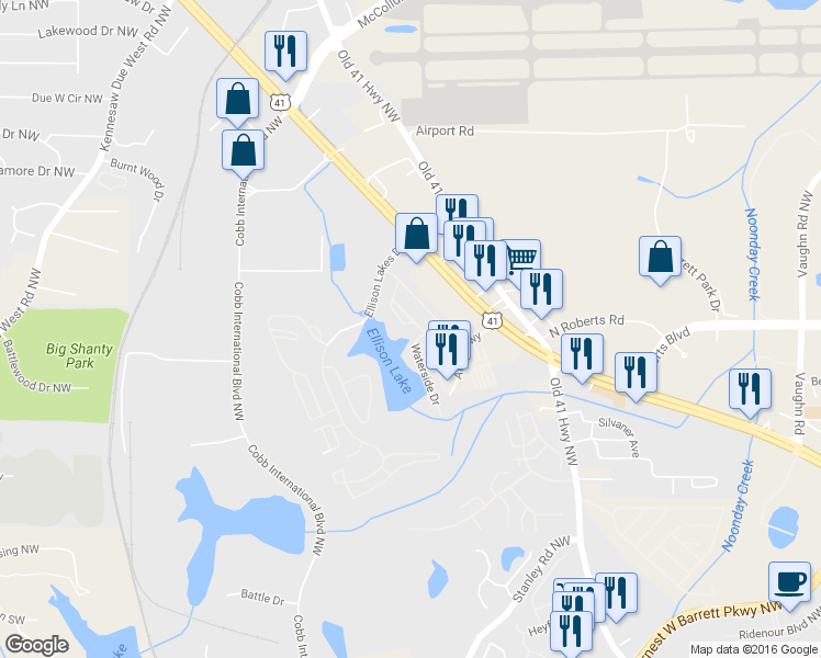 map of restaurants, bars, coffee shops, grocery stores, and more near 2060 Ellison Way in Kennesaw