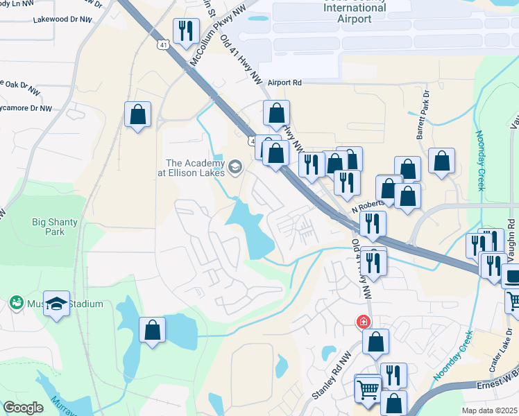 map of restaurants, bars, coffee shops, grocery stores, and more near 1802 Waterside Drive in Kennesaw