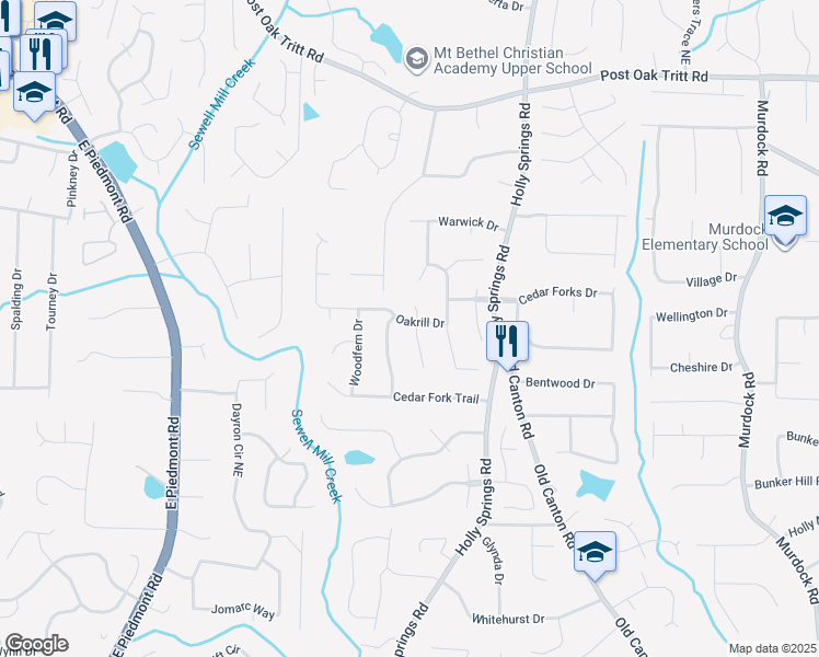 map of restaurants, bars, coffee shops, grocery stores, and more near 2201 Oakrill Court in Marietta