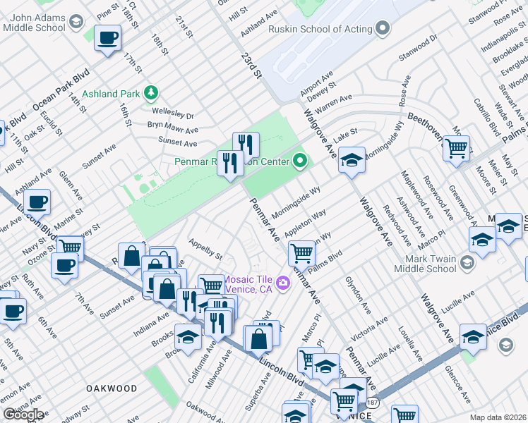 map of restaurants, bars, coffee shops, grocery stores, and more near 1526 Penmar Avenue in Los Angeles