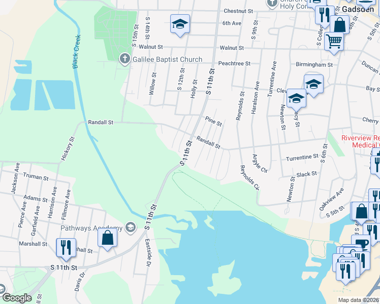 map of restaurants, bars, coffee shops, grocery stores, and more near 1230 South 11th Street in Gadsden