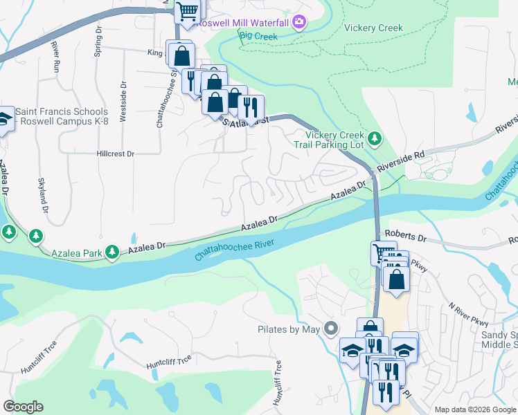 map of restaurants, bars, coffee shops, grocery stores, and more near 118 River Ridge Lane in Roswell