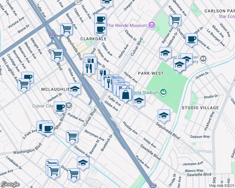 map of restaurants, bars, coffee shops, grocery stores, and more near 4347 Sepulveda Boulevard in Culver City