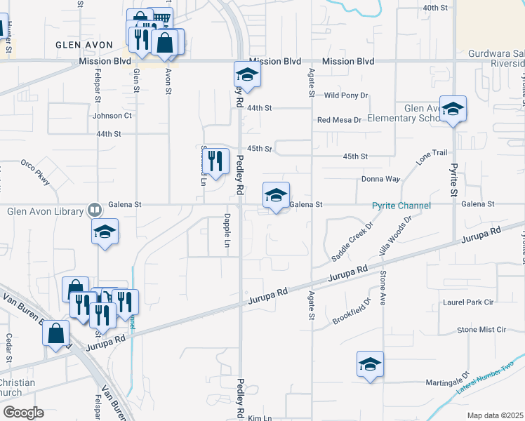 map of restaurants, bars, coffee shops, grocery stores, and more near 8750 Galena Street in Riverside