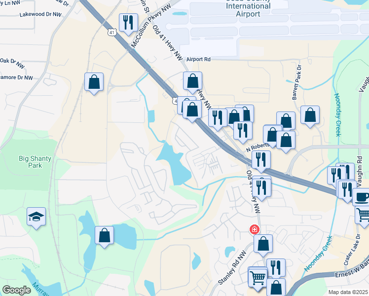 map of restaurants, bars, coffee shops, grocery stores, and more near 2060 Ellison Way in Kennesaw