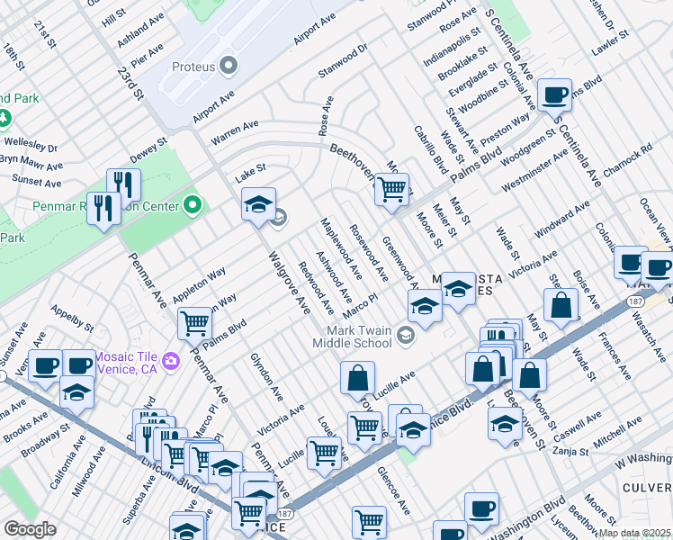 map of restaurants, bars, coffee shops, grocery stores, and more near 3508 Ashwood Avenue in Los Angeles