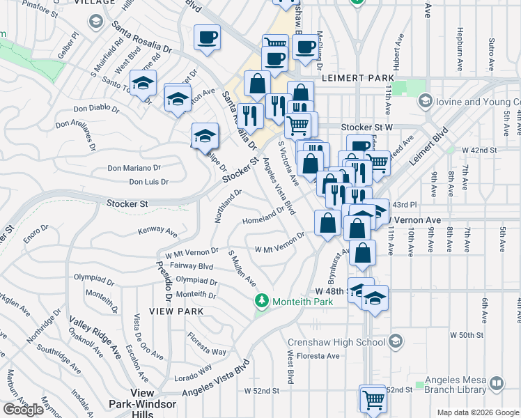 map of restaurants, bars, coffee shops, grocery stores, and more near in View Park-Windsor Hills