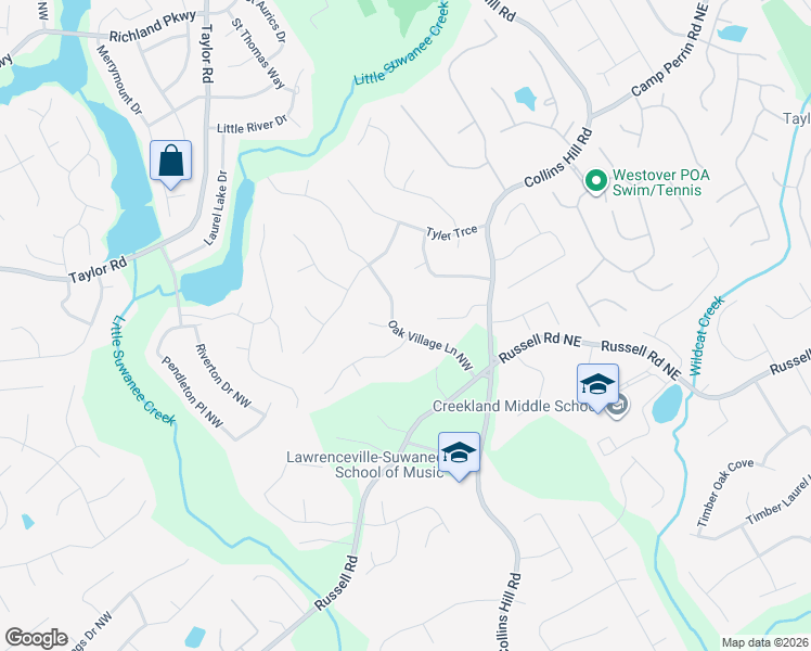 map of restaurants, bars, coffee shops, grocery stores, and more near 1830 Oak Village Lane Northwest in Lawrenceville