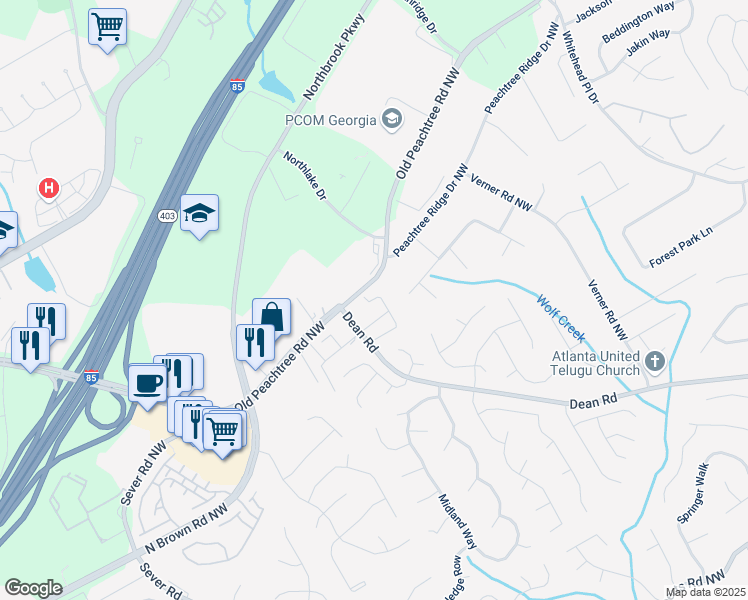 map of restaurants, bars, coffee shops, grocery stores, and more near 1262 Birkhall Drive in Lawrenceville