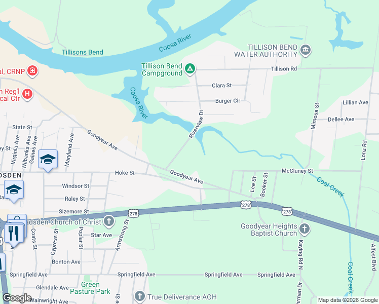 map of restaurants, bars, coffee shops, grocery stores, and more near 1328 Goodyear Avenue in Gadsden
