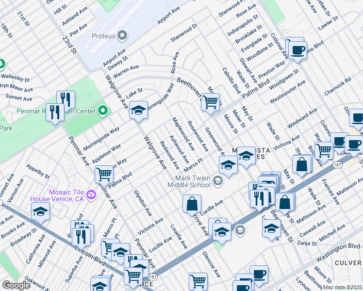 map of restaurants, bars, coffee shops, grocery stores, and more near 3508 Ashwood Avenue in Los Angeles