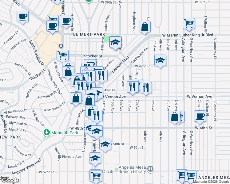 map of restaurants, bars, coffee shops, grocery stores, and more near 3134 West 43rd Place in Los Angeles