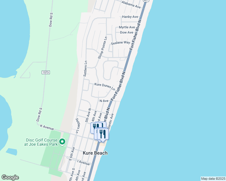 map of restaurants, bars, coffee shops, grocery stores, and more near 438 Sandman Drive in Kure Beach