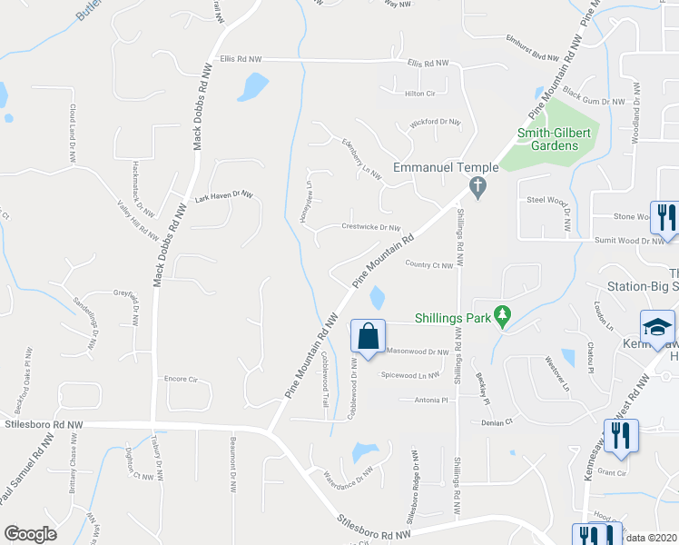map of restaurants, bars, coffee shops, grocery stores, and more near 2038 Stone Pointe Drive Northwest in Kennesaw