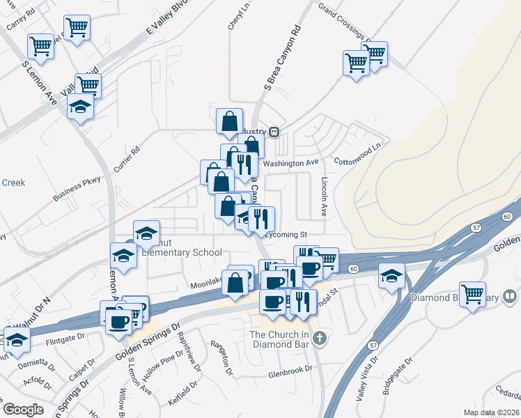 map of restaurants, bars, coffee shops, grocery stores, and more near 843 Windwood Drive in Walnut