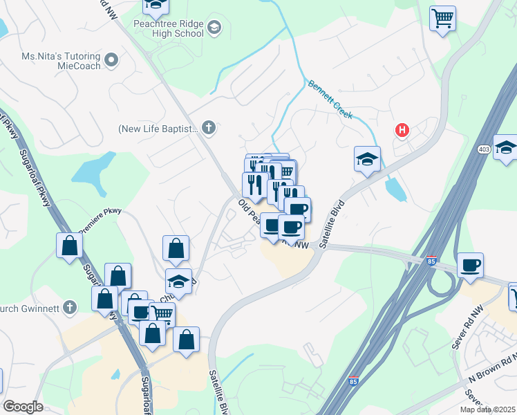 map of restaurants, bars, coffee shops, grocery stores, and more near 1257 Old Peachtree Road Northwest in Suwanee
