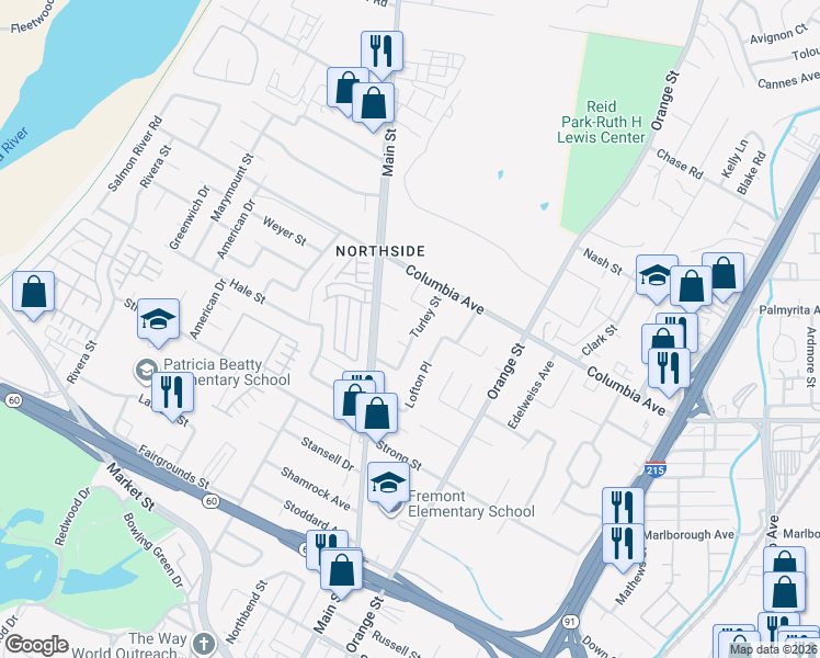 map of restaurants, bars, coffee shops, grocery stores, and more near 1353 Turley Street in Riverside