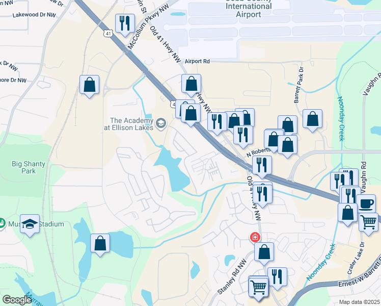 map of restaurants, bars, coffee shops, grocery stores, and more near 1897 Ellison Lakes Court in Kennesaw