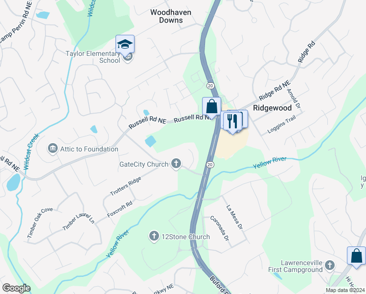 map of restaurants, bars, coffee shops, grocery stores, and more near 1492 Creekland Cove in Lawrenceville