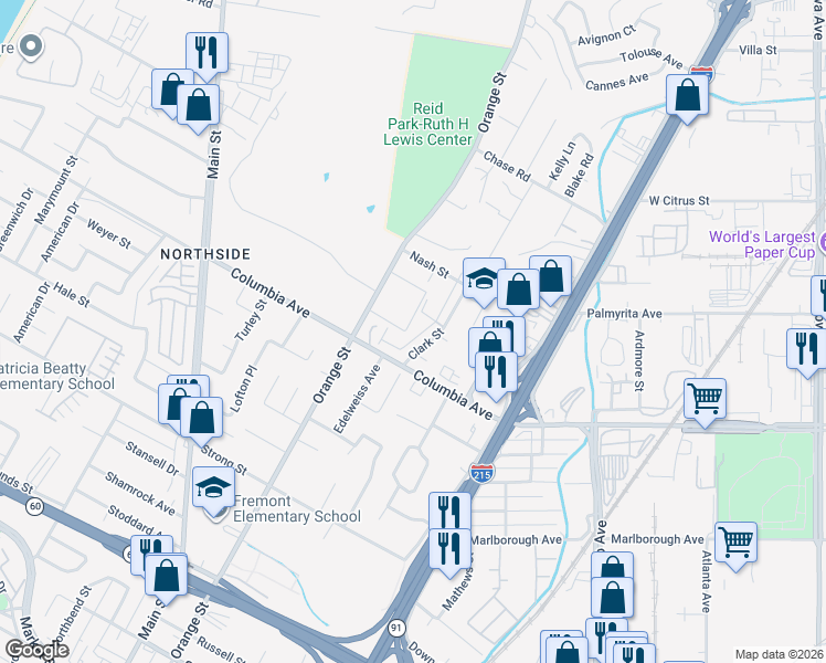 map of restaurants, bars, coffee shops, grocery stores, and more near 1151 Clark Street in Riverside