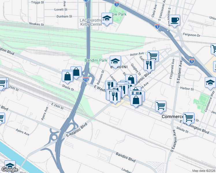 map of restaurants, bars, coffee shops, grocery stores, and more near 5014 Nobel Street in Commerce