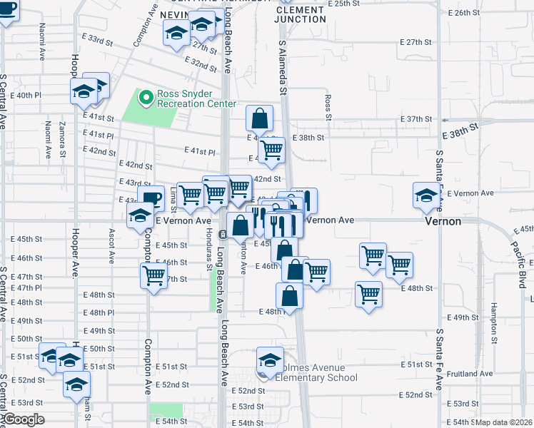 map of restaurants, bars, coffee shops, grocery stores, and more near 1832 East Vernon Avenue in Vernon