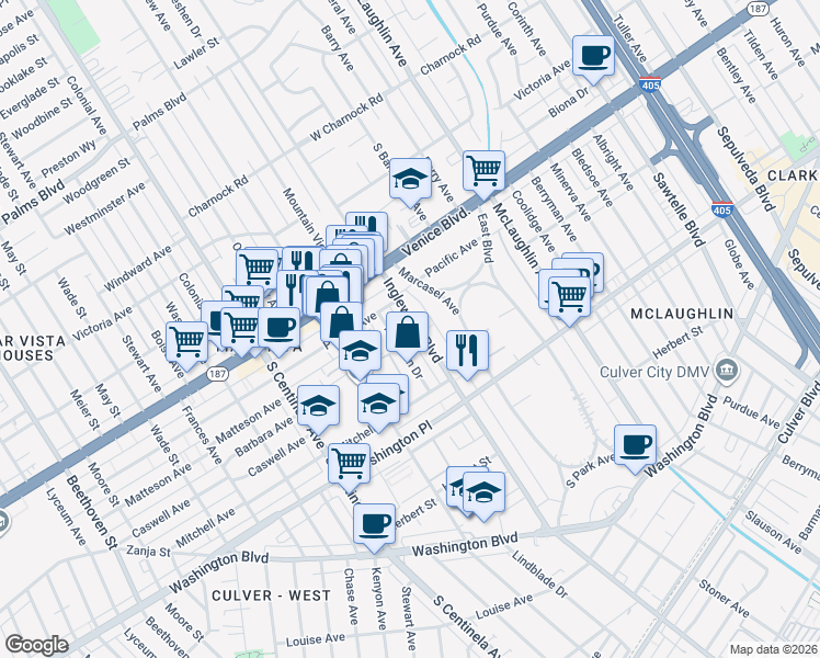 map of restaurants, bars, coffee shops, grocery stores, and more near 3845 Inglewood Boulevard in Los Angeles