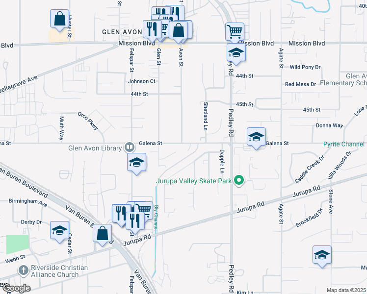 map of restaurants, bars, coffee shops, grocery stores, and more near 8990 Galena Street in Riverside
