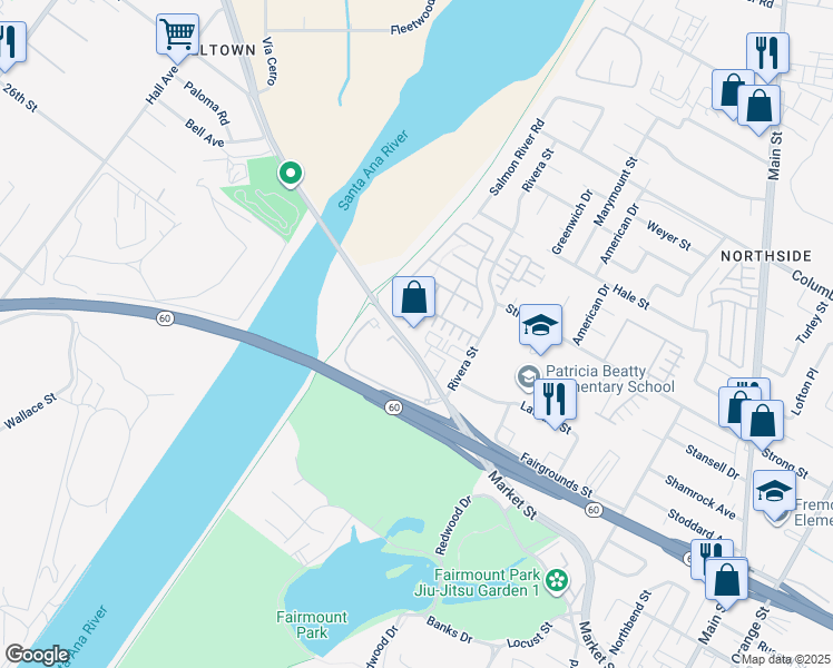 map of restaurants, bars, coffee shops, grocery stores, and more near 1919 Atlas Drive in Riverside