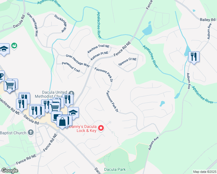 map of restaurants, bars, coffee shops, grocery stores, and more near 942 Fairmont Park Drive in Dacula