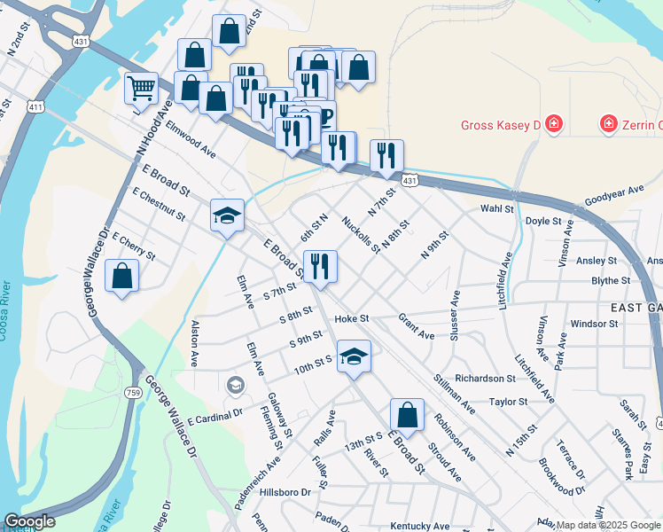 map of restaurants, bars, coffee shops, grocery stores, and more near 200 North 7th Street in Gadsden