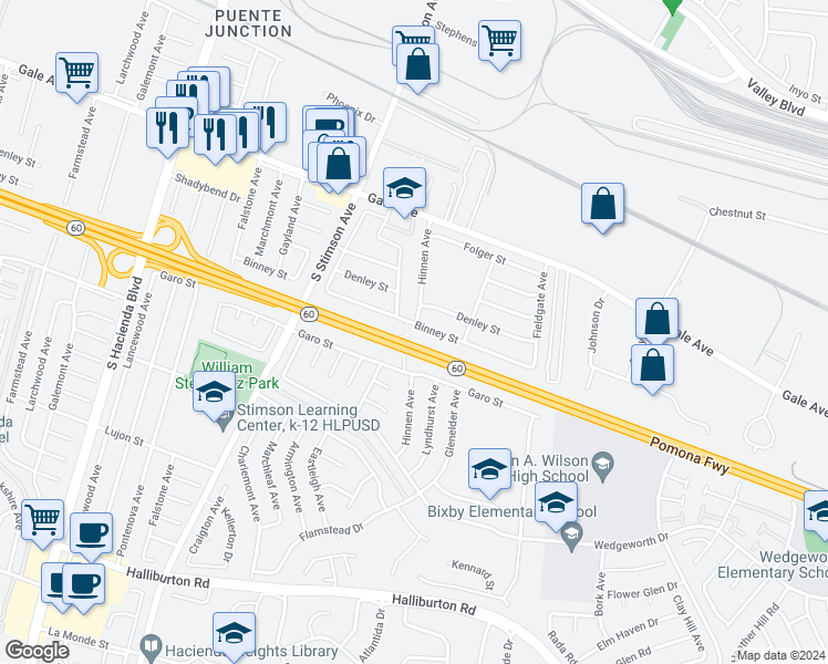 map of restaurants, bars, coffee shops, grocery stores, and more near 16224 Binney Street in Hacienda Heights