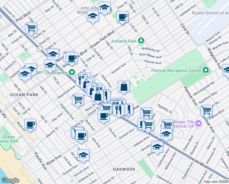 map of restaurants, bars, coffee shops, grocery stores, and more near 1128 Marine Street in Santa Monica
