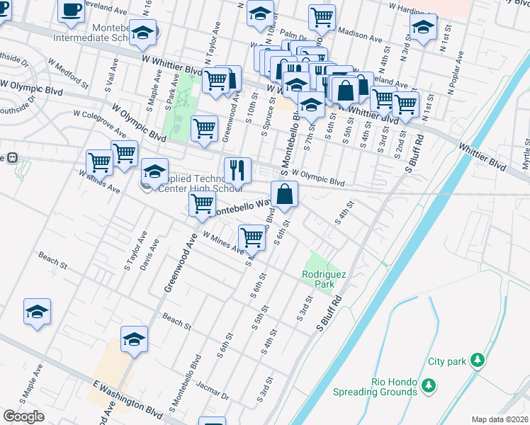 map of restaurants, bars, coffee shops, grocery stores, and more near 439 South Montebello Boulevard in Montebello