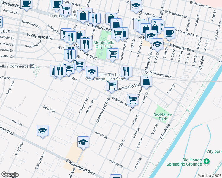 map of restaurants, bars, coffee shops, grocery stores, and more near 544 Calle Estrella in Montebello